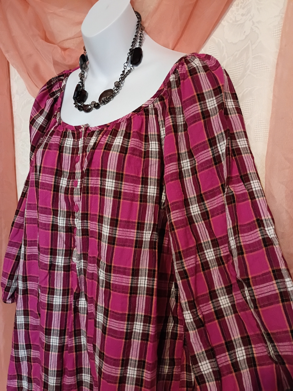 Faded Glory Ladies Pink Plaid Peasant Tunic Sz PXL - Picture 2 of 7